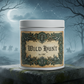 16 ounce white candle tin elaborately labeled wild hunt by OBC with a wonderful background