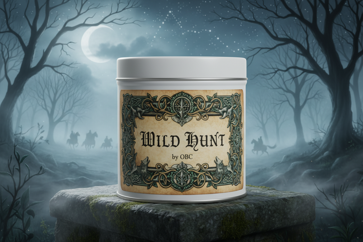16 ounce white candle tin elaborately labeled wild hunt by OBC with a wonderful background