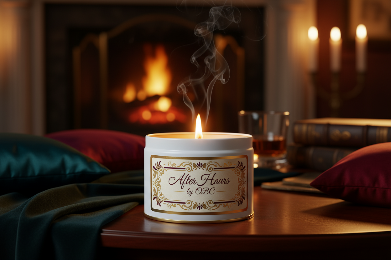 16 ounce white candle tin with open flame elaborately labeled after hours by OBC with an elaborate background