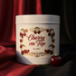 16 ounce white tin candle elaborately labeled cherry on top by OBC with a sexy background