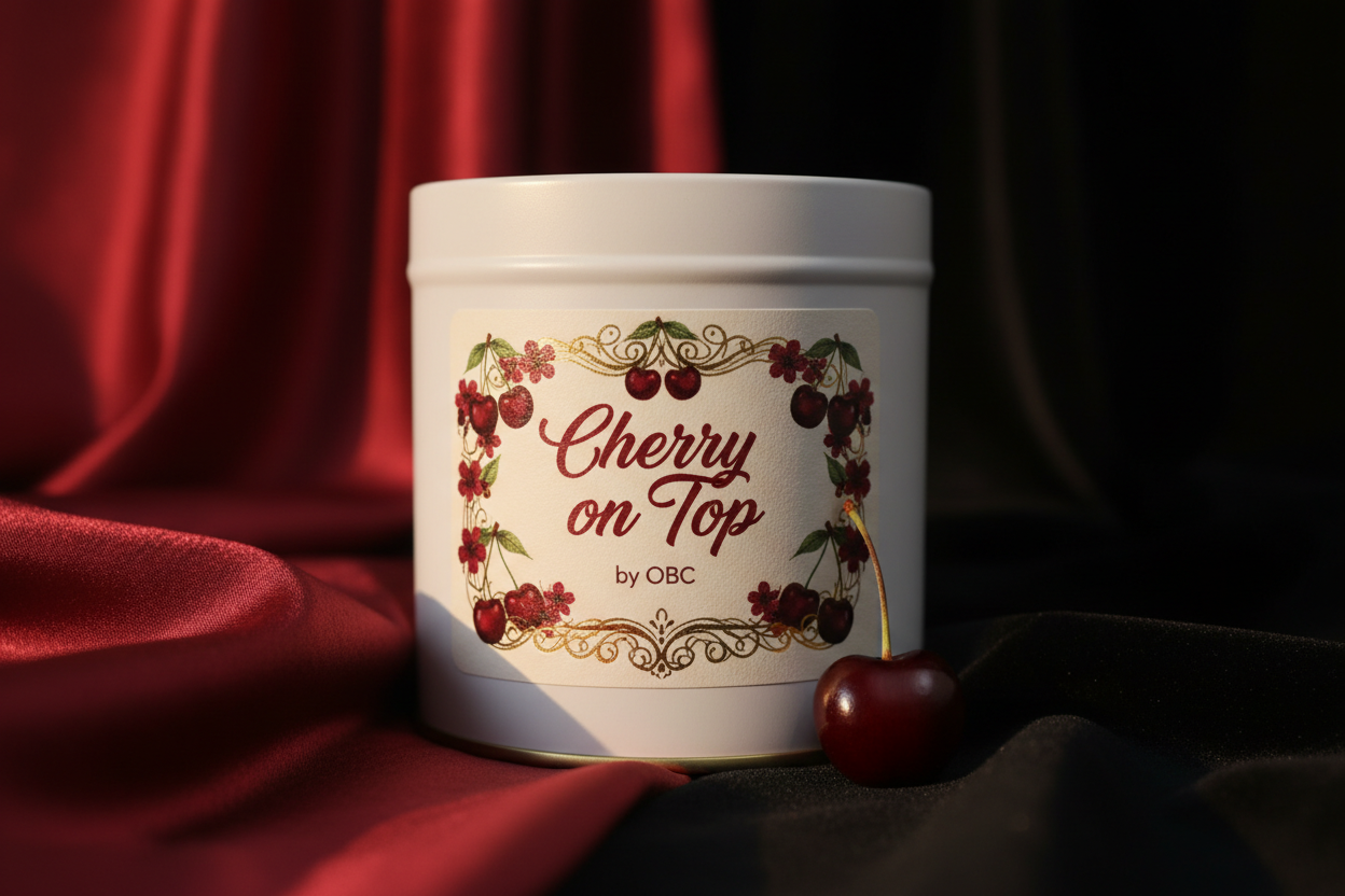 16 ounce white tin candle elaborately labeled cherry on top by OBC with a sexy background