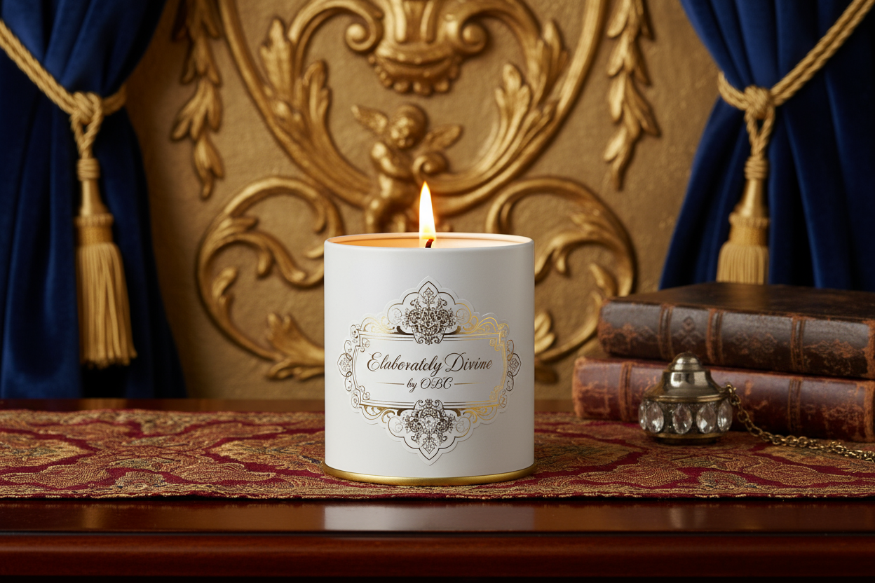 16 ounce white tin candle with open flame labeled elaborately divine by OBC with a elaborate background