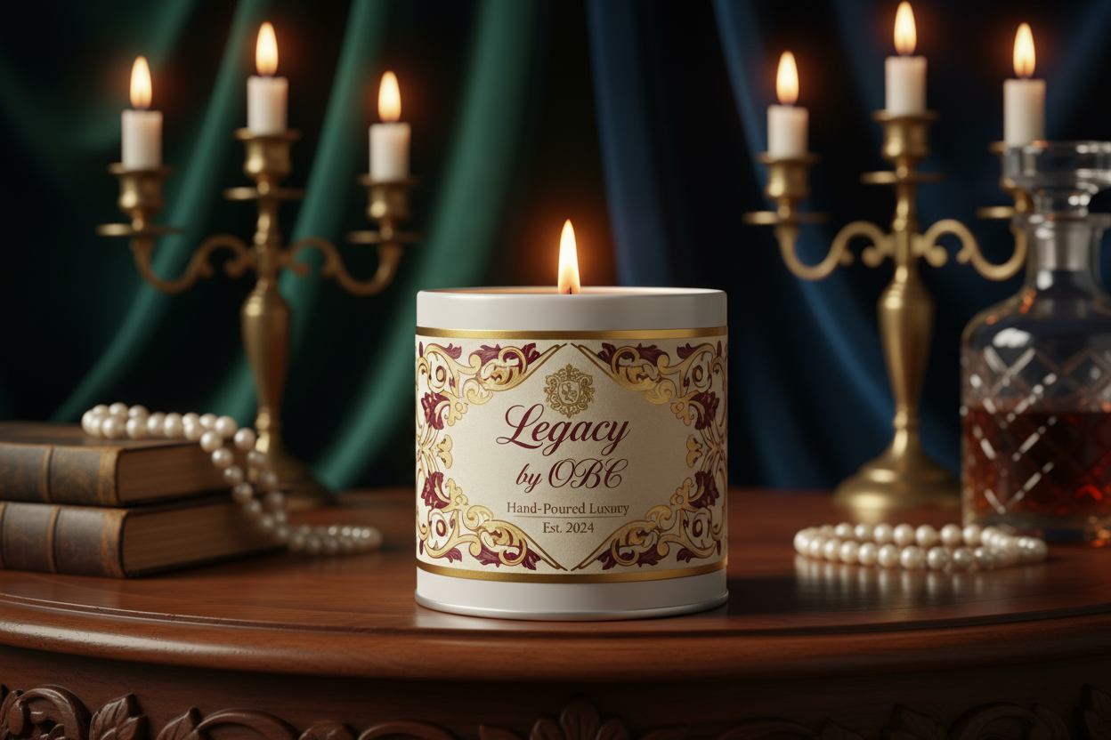 16 ounce white tin open flame candle elaborately labeled legacy by OBC with a elaborate background