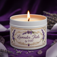 16oz white candle tin with open flame elaborately labeled lavender feels by obc elaborate background