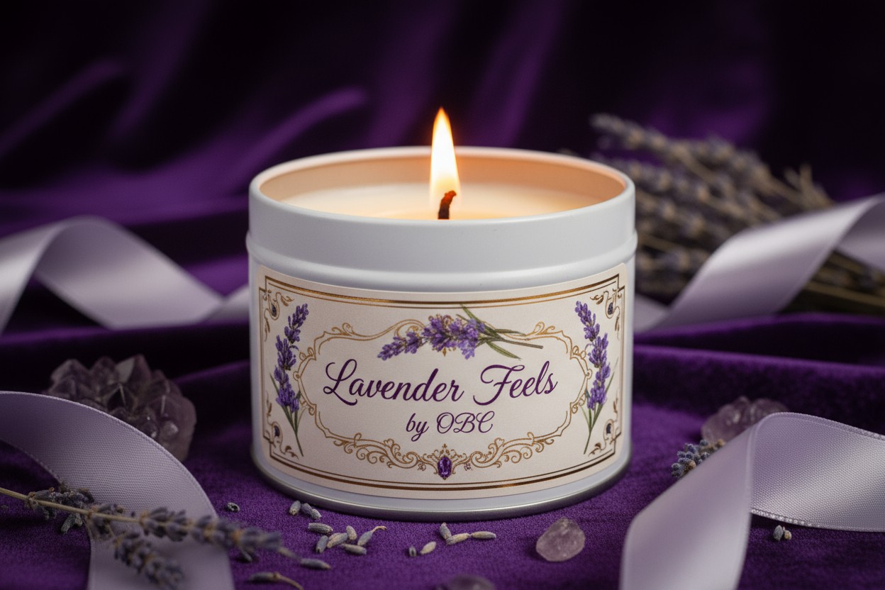 16oz white candle tin with open flame elaborately labeled lavender feels by obc elaborate background