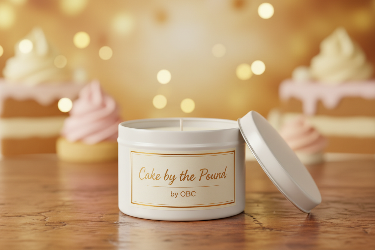16oz white tin candle labeled cake by the pound by OBC with a wonderful background