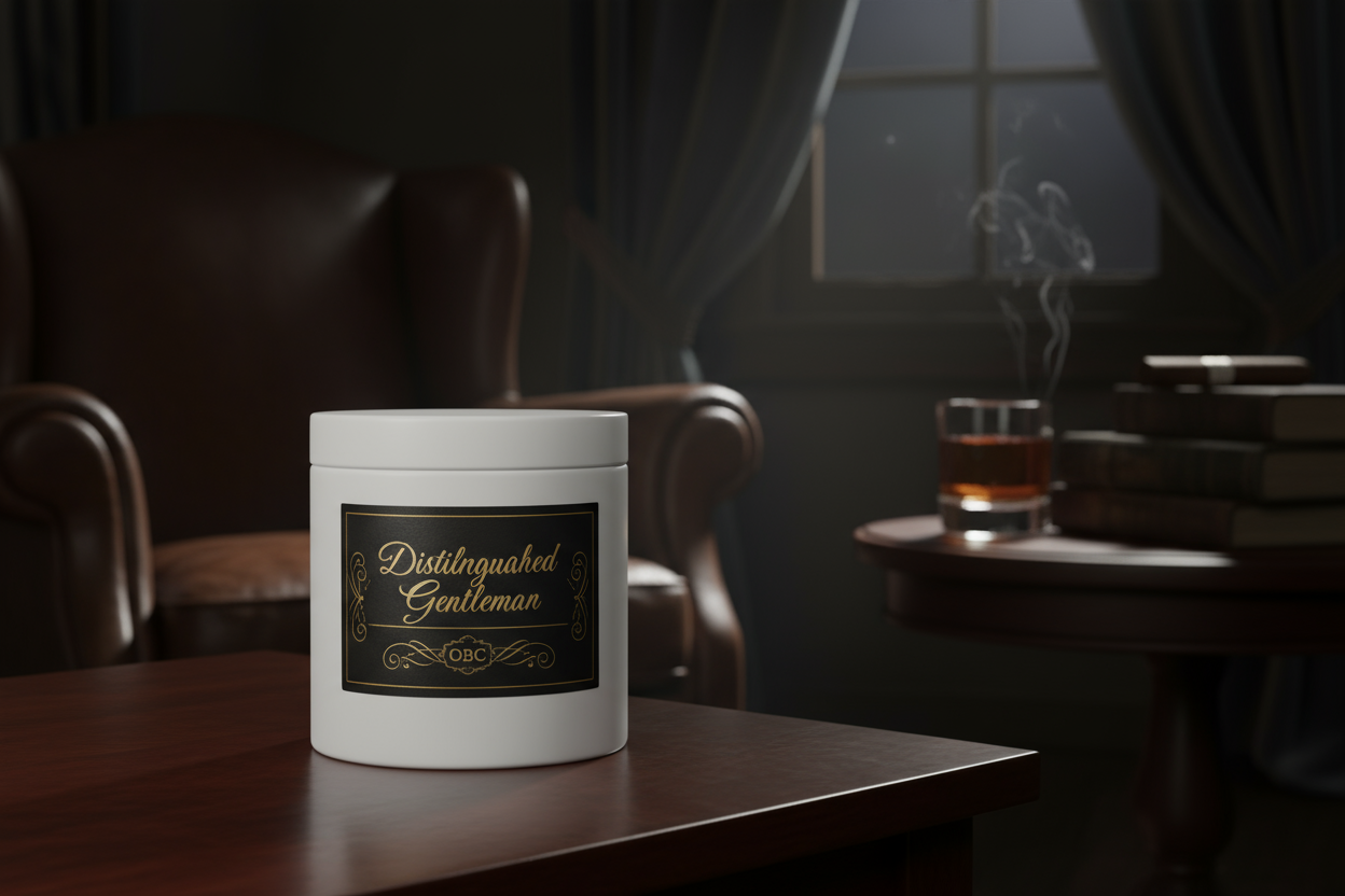 16oz white tin candle labeled Distinguished Gentleman by OBC with a sexy background
