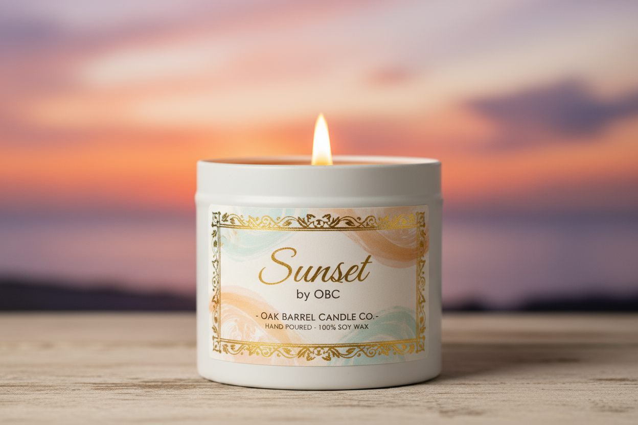 16oz white tin candle with open flame elaborately labeled sunset by obc with a nice background