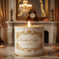 16oz white tin candle with open flame elaborately labeled twinkle of light by obc with elaborate background
