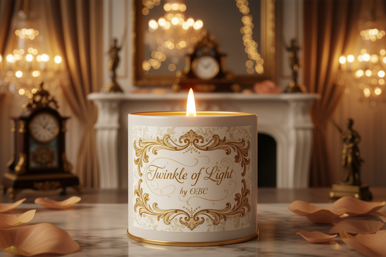 16oz white tin candle with open flame elaborately labeled twinkle of light by obc with elaborate background