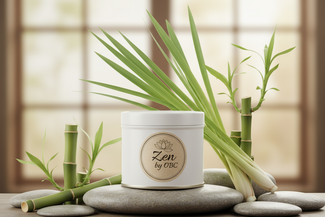 16oz white tin labeled Zen by OBC elaborate background with lemongrass included