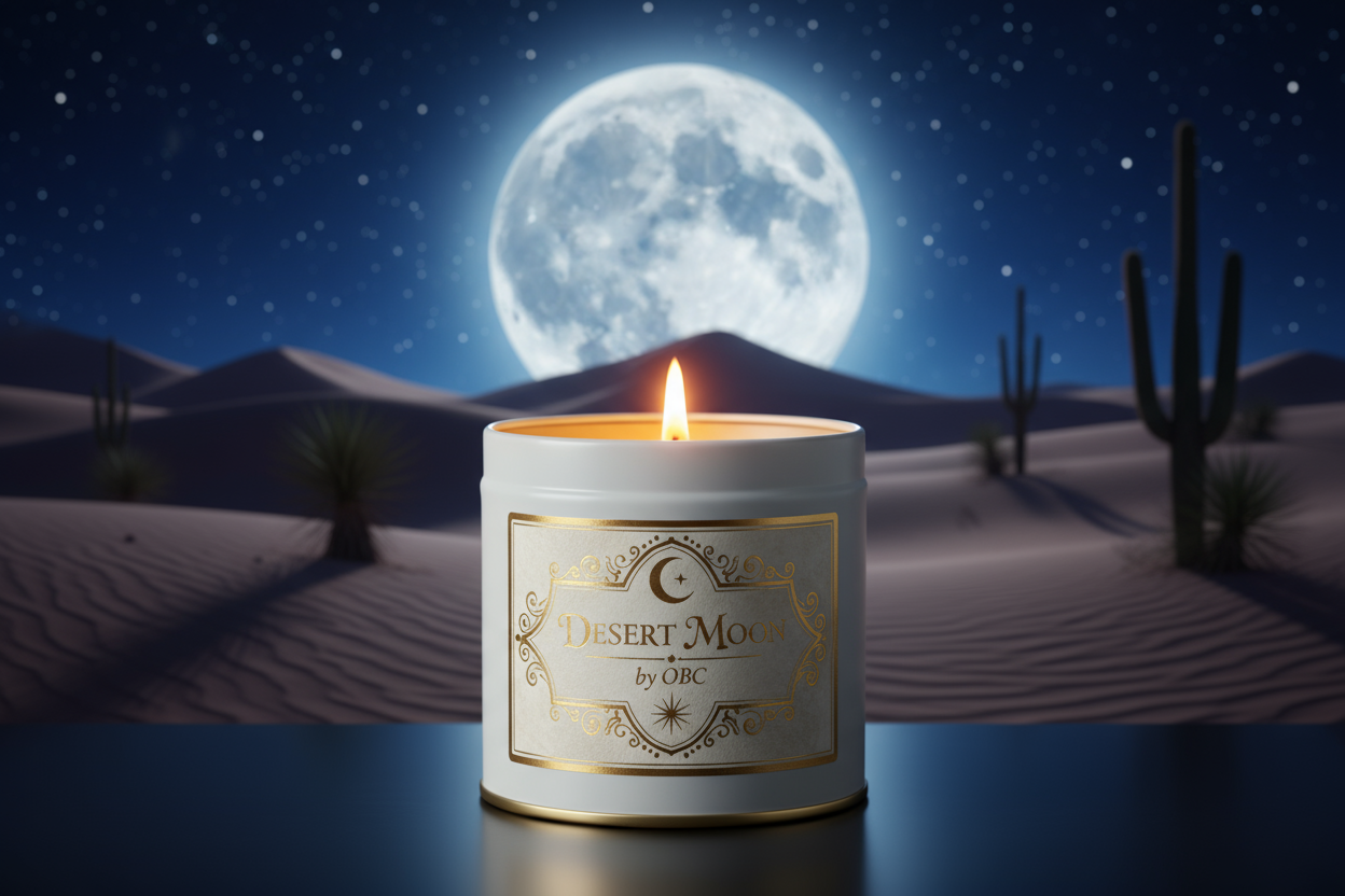 16oz white tin with candle lit labeled elaboratly Desert Moon by OBC with an elaborate background