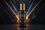 1oz black spray bottle with gold top elaborately labeled Men Body Mist by OBC with a powerful background