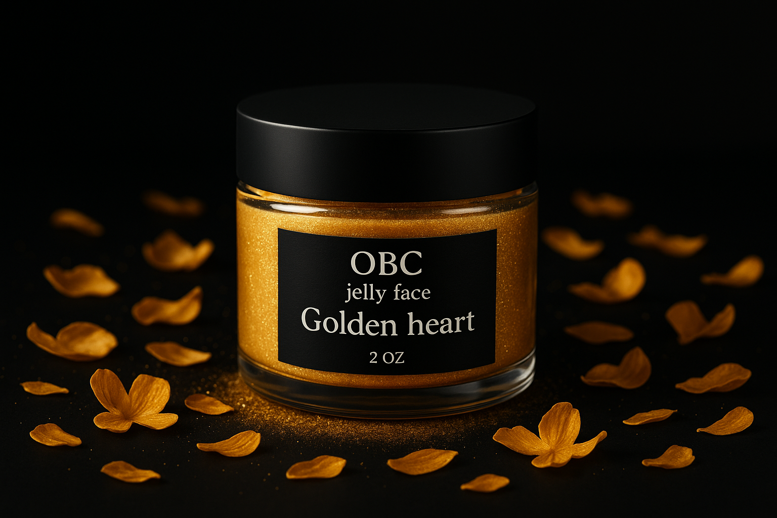 I need a 2 ounce black jar filled with golden powder labeled by OBC jelly face and the name Golden heart on the label. The background should be black filled with golden flower paddles.