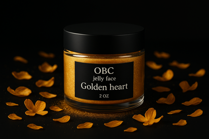 I need a 2 ounce black jar filled with golden powder labeled by OBC jelly face and the name Golden heart on the label. The background should be black filled with golden flower paddles.
