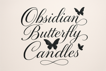 Obsidian Butterfly Candles written in elegant script